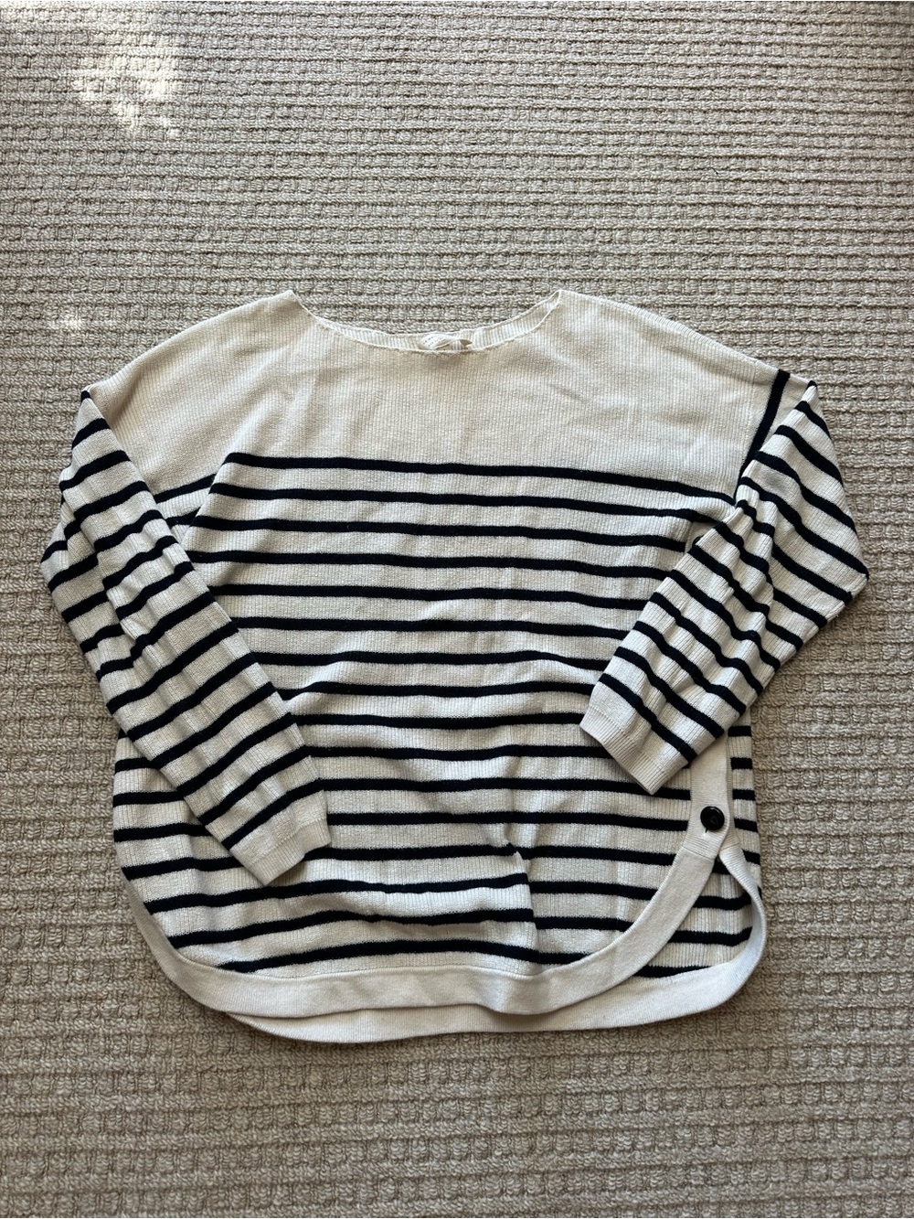 Sézane Striped Knit Cotton & Wool Blend Relaxed Fit Side Buttons Sweater Sz L
